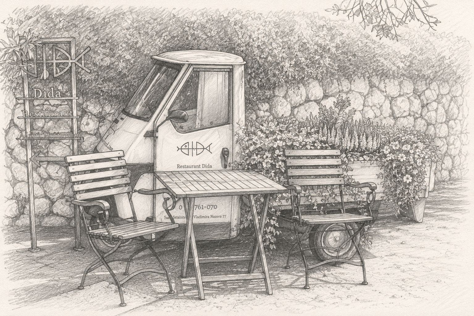 Illustrated heritage scene from Restaurant Dida